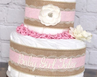 Girl Shabby Chic Diaper Cake, Baby Shower Centerpiece Decor Gift, Pink Cream Cottage Chic Diaper Cake, Burlap Lace Pearls Floral, 2 tier