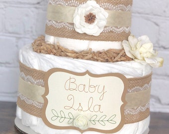 Gender Neutral Shabby Chic Diaper Cake, Baby Shower Centerpiece Decor Gift, Natural Cottage Boy Girl Cream Diaper Cake, Burlap Lace, 2 tier