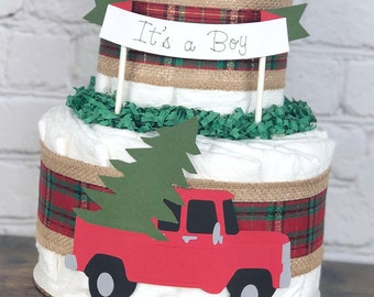 Holiday Truck Diaper Cake, Burlap Red Green Christmas Tree Winter It's a Boy Vintage Retro Truck, Baby Shower Decor Centerpiece, 2 Tier