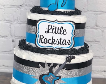 Rock A Bye Baby Diaper Cake, Baby Shower Decor Centerpiece Gift, Boy Blue Black Silver Guitar Music Little Rockstar Band Baby Shower, 3 tier