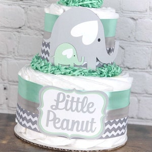 Mint and Gray Baby Elephant Diaper Cake, Baby Shower Centerpiece Decor Gift, Gender Neutral Mint Grey Elephant Safari Animal, Chevron,2 tier