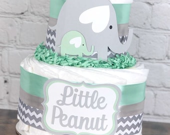 Mint and Gray Baby Elephant Diaper Cake, Baby Shower Centerpiece Decor Gift, Gender Neutral Mint Grey Elephant Safari Animal, Chevron,2 tier