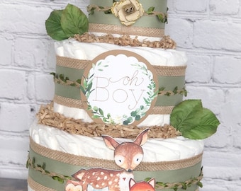 Forest Animal Diaper Cake, Baby Shower Centerpiece Decor Gift, Boy Gender Neutral Woodland Forest Friends Burlap Green Fox Owl Deer, 3 tier