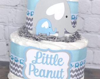 Blue and Gray Baby Elephant Diaper Cake, Baby Shower Centerpiece Decor Gift, Boy Blue Gray Grey Elephant Safari Animal, Chevron, 2 tier