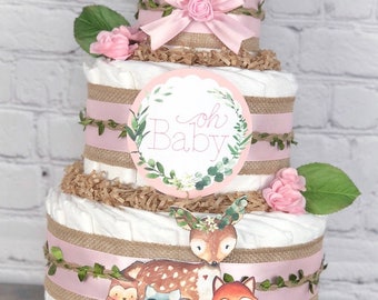 Pink Floral Woodland Diaper Cake, Baby Shower Centerpiece, Virtual Baby Shower Decor Gift, Girl Burlap Forest Animals Deer Fox Owl, 3 tier