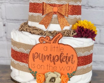 Pumpkin Fall Diaper Cake, Baby Shower Drive By Centerpiece Decor, Gender Neutral A Little Pumpkin is on the way Burlap Orange Red, 2 Tier