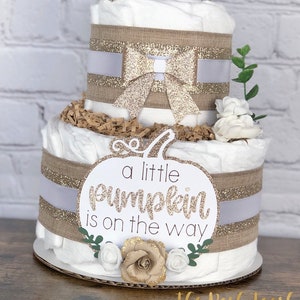 White Pumpkin Fall Diaper Cake, Baby Shower Centerpiece Decor, Gender Neutral A Little Pumpkin is on the way Eucalyptus Greenery, 2 Tier