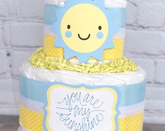 Blue Yellow Sun Sunshine Diaper Cake, You Are My Sunshine, Baby Boy Spring Nursery Song, Baby Shower Centerpiece Decor Gift, 2 Tier