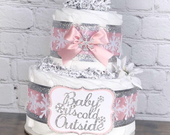Snowflake Baby It's Cold Outside Diaper Cake, Pink Silver White Winter Wonderland Girl Diaper Cake, Baby Shower Decor Centerpiece, 2 Tier