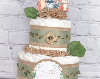 Woodland Diaper Cake, Baby Shower Centerpiece, Baby Shower Decor Gift, Gender Neutral Greenery Green Burlap Forest Friends Deer Fox, 2 tier