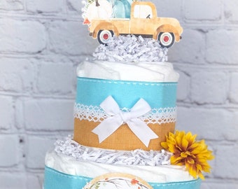 Pumpkin Truck Fall Diaper Cake, Baby Shower Drive By Centerpiece Decor, Gender Neutral A Little Pumpkin is on the way Yellow Blue, 2 Tier