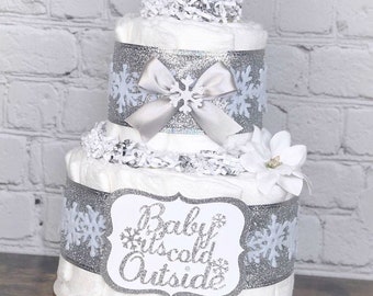 Snowflake Baby It's Cold Outside Diaper Cake, Silver White Winter Wonderland Holiday Diaper Cake, Baby Shower Decor Centerpiece, 2 Tier