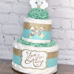 Mint Hot Air Balloon Diaper Cake, Boy Gender Neutral Up Up and Away Adventure Awaits Travel Diaper Cake, Baby Shower Centerpiece, 2 tier