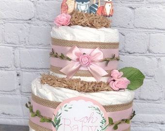 Floral Woodland Diaper Cake, Baby Shower Centerpiece Decor Gift, Girl Pink Burlap Forest Friends Animals Deer Fox Owl Greenery, 2 tier