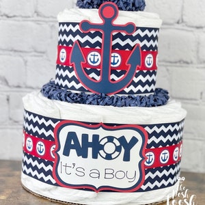 Red Navy Ahoy It&#39;s A Boy Diaper Cake, Baby Shower Centerpiece, Baby Shower Decor Gift, Red White Blue Navy Anchor Nautical, 2 tier