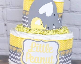 Yellow and Gray Baby Elephant Diaper Cake, Baby Shower Centerpiece Decor Gift, Gender Neutral Grey Elephant Safari Animal, Chevron, 2 tier