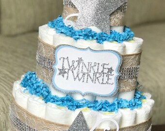 Twinkle Twinkle Little Star Diaper Cake, Burlap Lace Blue Silver Boy Moon Star Diaper Cake, Boy Baby Shower Centerpiece Decor Gift, 3 Tier