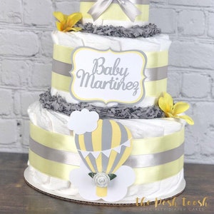 Yellow Gray Hot Air Balloon Diaper Cake, Gender Neutral Boy Up Up and Away Oh the Places You&#39;ll Go gift, Baby Shower Centerpiece, 3 tier