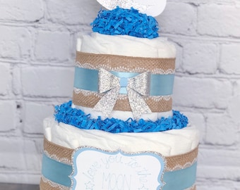 Love You to the Moon and Back Diaper Cake, Baby Shower Centerpiece Decor Gift, Moon Star Blue Silver Burlap, Dream Big Little One, 2 Tier