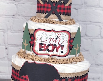 Lumberjack Diaper Cake, Virtual Baby Shower Decor Centerpiece, Woodland Burlap Bear Buffalo Plaid Oh Boy Outdoor Shower, Fall Decor, 3 Tier