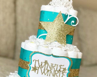 Twinkle Twinkle Little Star Diaper Cake, Teal Gold Boy Diaper Cake, Star Moon Nursery Ryme Baby Shower Centerpiece Decor Gift, 3 Tier