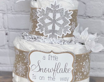 Little Snowflake Diaper Cake, Burlap White Winter Holiday Rustic Diaper Cake, Baby It's Cold Outside, Baby Shower Decor Centerpiece, 2 Tier