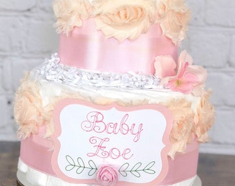 Pink Blush Satin Rose Diaper Cake, Baby Shower Centerpiece Decor Gift, One Baby Girl Floral Fancy Elegant Chic Hydrangea Rose, 2 tier