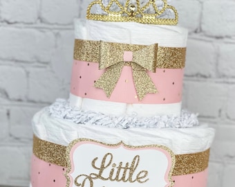 Pink and Gold Diaper Cake, Baby Shower Centerpiece, Baby Shower Decor Gift, Girl Little Princess Pink Gold Tiara Crown Diaper Cake, 2 tier