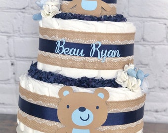 Teddy Bear Diaper Cake, Rustic Burlap Navy Light Blue Woodland Boy Baby Shower, Shabby Chic Centerpiece, Baby Shower Decoration, Gift 3 Tier