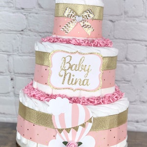 Pink Hot Air Balloon Diaper Cake, Girl Pink and Gold Up Up and Away Adventure Awaits Clouds Diaper Cake, Baby Shower Centerpiece, 3 tier