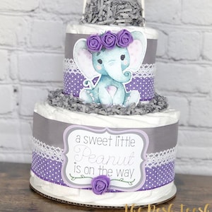 Purple Elephant Diaper Cake, Girl Diaper Cake, Virtual Baby Shower By Mail Centerpiece Decor Gift, Floral Elephant Safari Animals, 2 tier
