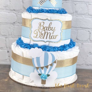 Light Baby Blue Hot Air Balloon Diaper Cake, Boy Gender Neutral Up Up and Away Adventure Awaits Diaper Cake, Baby Shower Centerpiece, 3 tier
