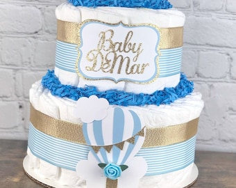 Light Baby Blue Hot Air Balloon Diaper Cake, Boy Gender Neutral Up Up and Away Adventure Awaits Diaper Cake, Baby Shower Centerpiece, 3 tier