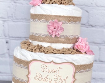 Pink Shabby Chic Diaper Cake, Baby Shower Centerpiece Decor Gift, Natural Cottage Girl Blush Rose Floral Diaper Cake, Burlap Lace, 2 tier