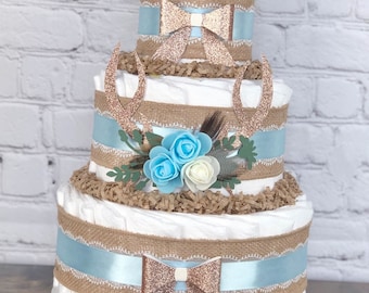 Deer Antler Diaper Cake Centerpiece, Boho Rustic Burlap Lace Blue Woodland Floral Antler Feathers, Baby Boy Baby Shower Fall Decor, 3 Tier