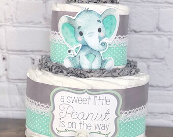 Mint Green Elephant Diaper Cake, Gender Neutral Diaper Cake, Virtual Baby Shower By Mail Decor Gift, Floral Elephant Safari Animals, 2 tier