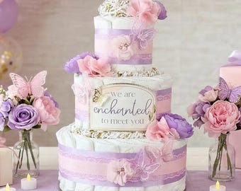 Enchanted Butterfly Diaper Cake, Baby Shower Centerpiece Decoration Gift, Girly Garden Purple Pink Floral Spring