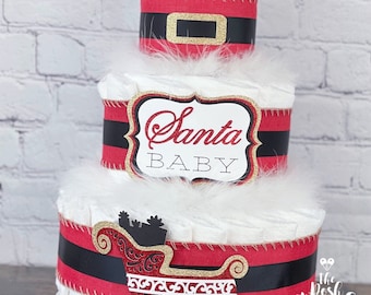 Santa Baby Diaper Cake, Holiday Christmas Red Gold Santa Hat Gender Neutral Diaper Cake, Boy Girl Baby Shower Centerpiece Decor Gift, 3 Tier