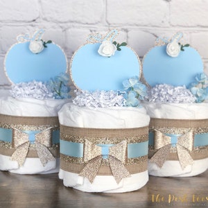 Blue Fall Pumpkin Mini Diaper Cakes Set, Boy Baby Shower Decor Centerpiece Gift Virtual Drive By Shower, Boho Rustic Burlap Rose, Set of 3