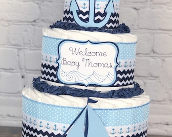 Nautical Diaper Cake, Light Blue and Navy Anchor Sailboat Boy Baby Shower, Under the Sea Ocean Centerpiece, Baby Shower Decor Gift, 3 Tier