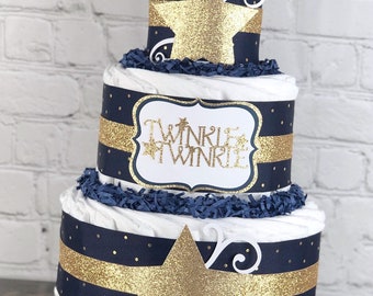 Twinkle Twinkle Little Star Diaper Cake, Navy Gold Boy Diaper Cake, Star Moon Nursery Ryme Baby Shower Centerpiece Decor Gift, 3 Tier