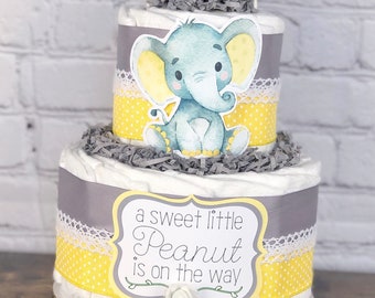 Yellow Elephant Diaper Cake, Gender Neutral Diaper Cake, Virtual Baby Shower By Mail Decor Gift, Floral Elephant Safari Animals, 2 tier