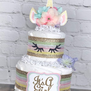 Unicorn Diaper Cake, Baby Shower Centerpiece Decor, Pink Purple Mint Gold Unicorn Baby Shower Mystical Magical Girl Floral Rainbow, 2 Tier image 1