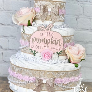 Pink Pumpkin Diaper Cake, Baby Shower Centerpiece Decor, Girl Fall A Little Pumpkin is on the way Shabby Chic Boho Pink Gold Pearl, 3 Tier