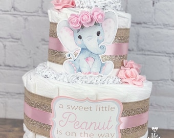 Pink Floral Elephant Diaper Cake, Girl Pink Gold Gray Diaper Cake, Centerpiece Decor Gift, Floral Elephant Safari Animals, 2 tier