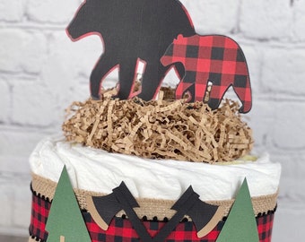 Lumberjack Diaper Cake, Baby Shower Centerpiece Decor, Gender Neutral Baby Shower Gift, Mama Bear Woods Woodland Buffalo Plaid Red, 1 Tier