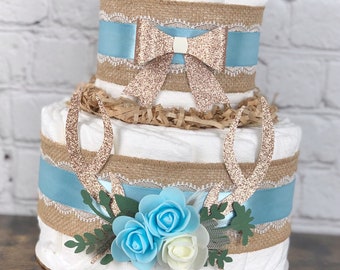 Deer Antler Diaper Cake Centerpiece,Shabby Chic Boho Rustic Burlap Lace Blue Gold Woodland Floral Feathers, Baby Shower Fall Decor, 2 Tier