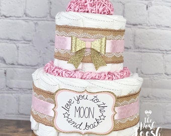 Love You to the Moon and Back Diaper Cake, Baby Shower Centerpiece Decor Gift, Moon Star Gold Pink Girl Burlap, Dream Big Little One, 2 Tier