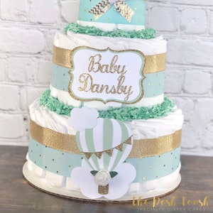 Mint Hot Air Balloon Diaper Cake, Boy Gender Neutral Up Up and Away Adventure Awaits Diaper Cake, Baby Shower Centerpiece, 3 tier