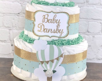 Mint Hot Air Balloon Diaper Cake, Boy Gender Neutral Up Up and Away Adventure Awaits Diaper Cake, Baby Shower Centerpiece, 3 tier